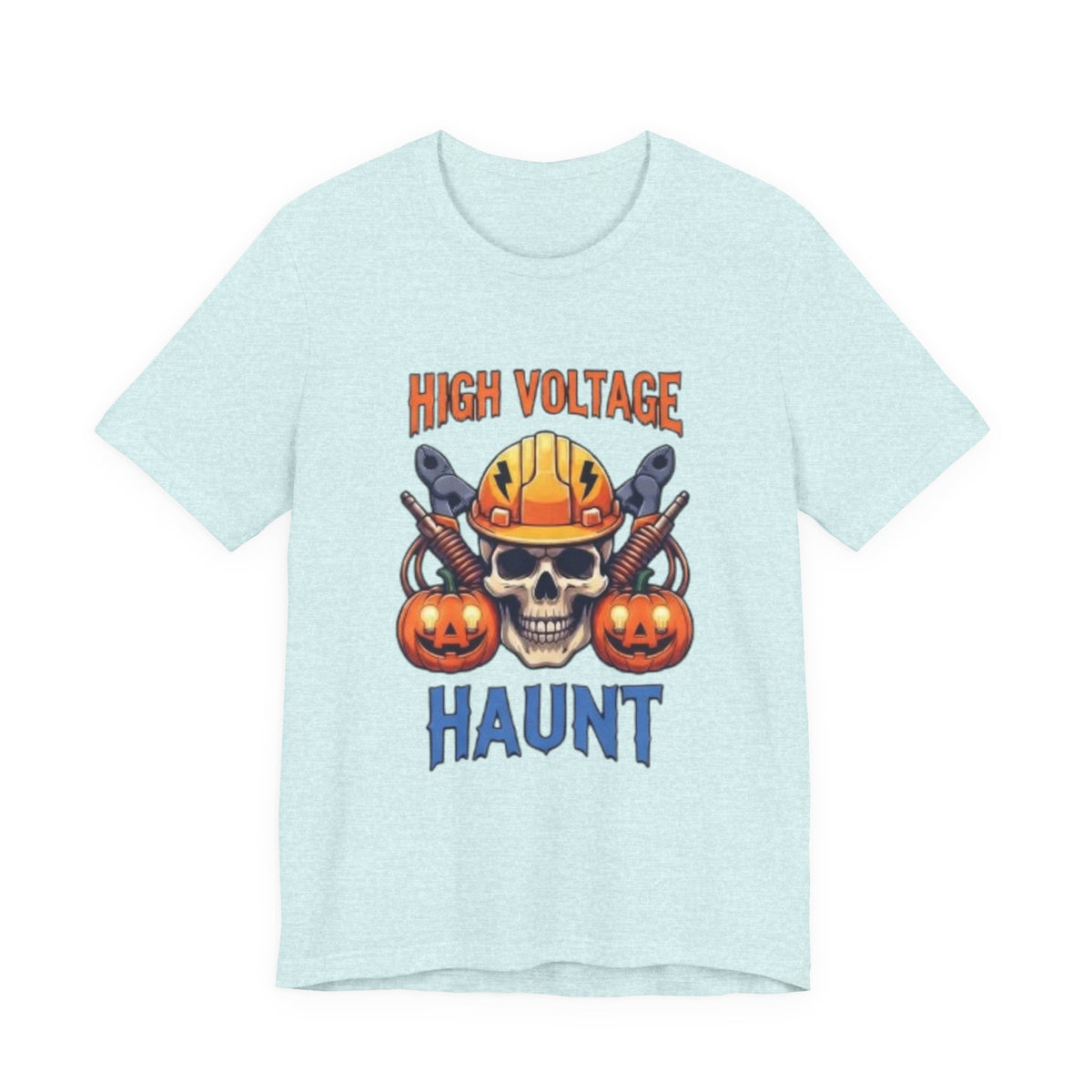 High Voltage Haunt T-Shirt — Halloween Skull, Pumpkins & Hard Hat Tee