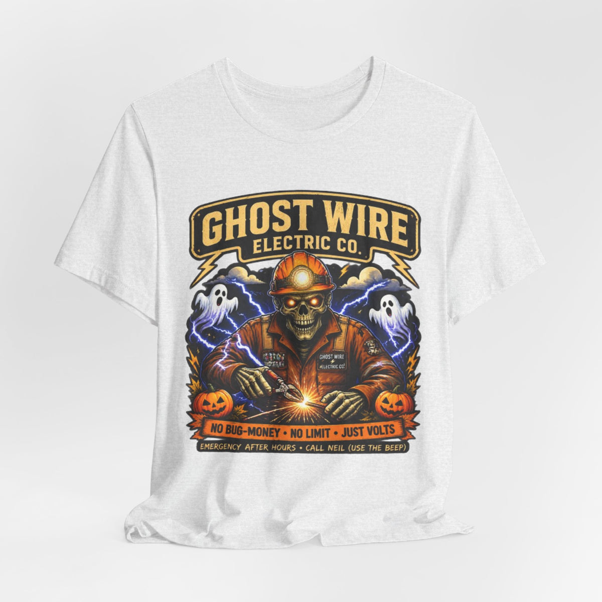 Ghost Wire Electric Co. T-Shirt — Halloween Skeleton Electrician Vintage Crew Tee