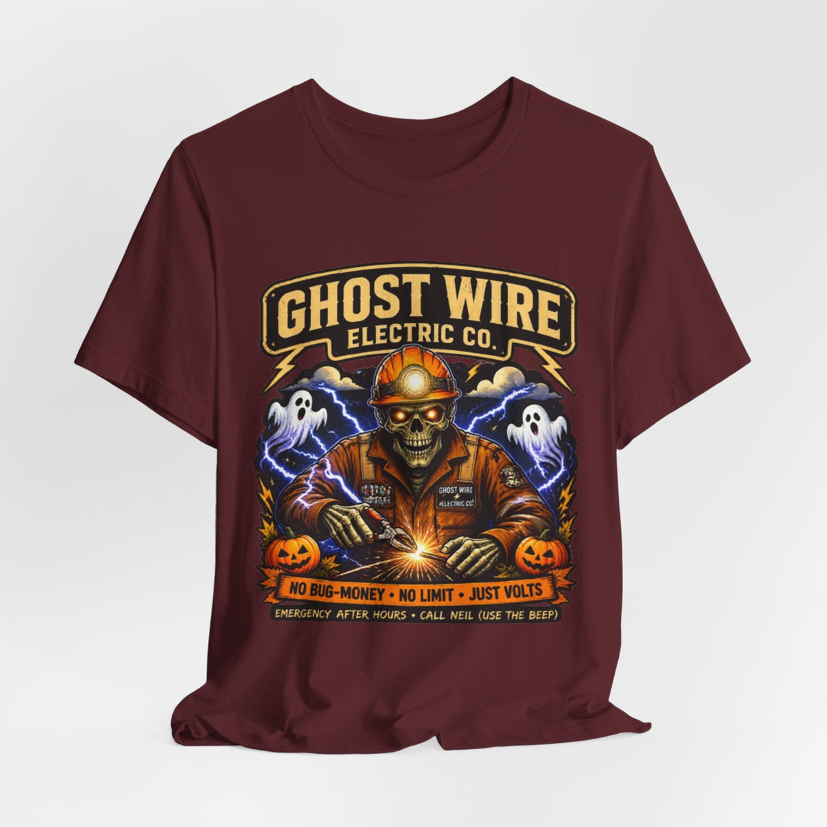 Ghost Wire Electric Co. T-Shirt — Halloween Skeleton Electrician Vintage Crew Tee