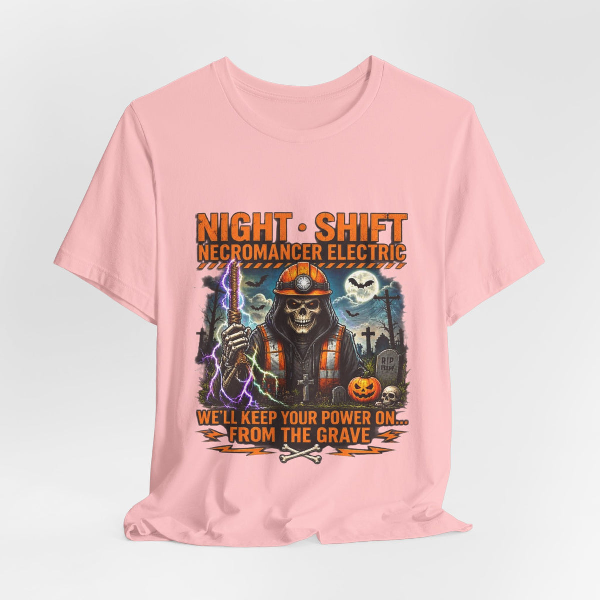Night Shift Necromancer Electric T-Shirt — "We’ll Keep Your Power On From the Grave" Halloween Tee