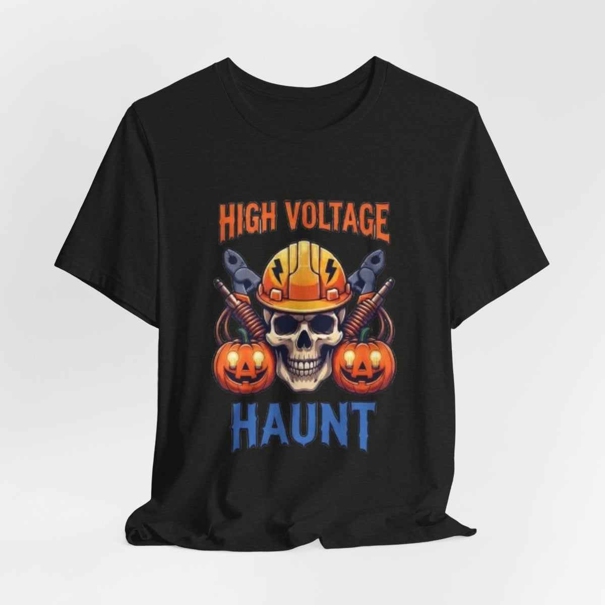 High Voltage Haunt T-Shirt — Halloween Skull, Pumpkins & Hard Hat Tee