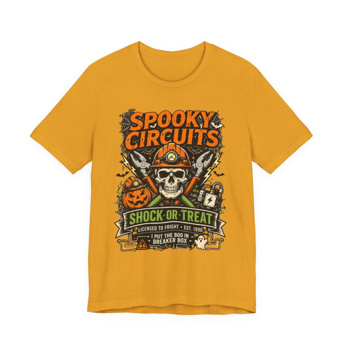 Spooky Circuits Halloween T-Shirt — "Shock or Treat" Skull & Pumpkin Tee
