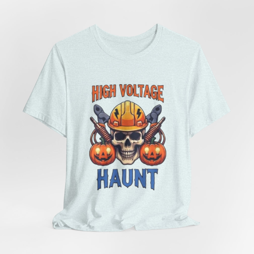 High Voltage Haunt T-Shirt — Halloween Skull, Pumpkins & Hard Hat Tee