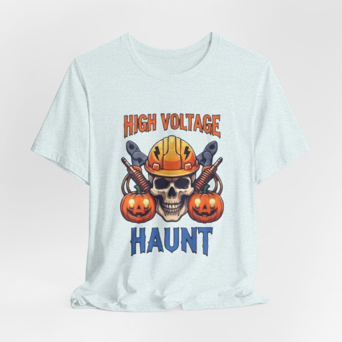 High Voltage Haunt T-Shirt — Halloween Skull, Pumpkins & Hard Hat Tee