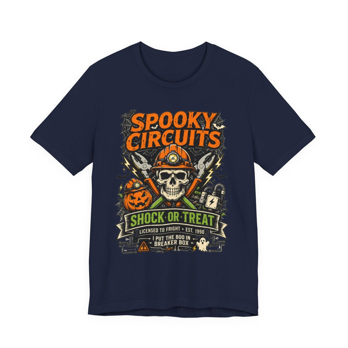 Spooky Circuits Halloween T-Shirt — "Shock or Treat" Skull & Pumpkin Tee