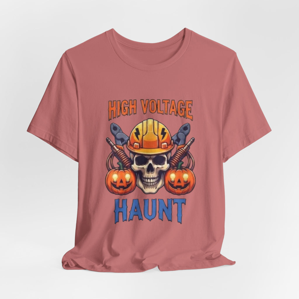 High Voltage Haunt T-Shirt — Halloween Skull, Pumpkins & Hard Hat Tee