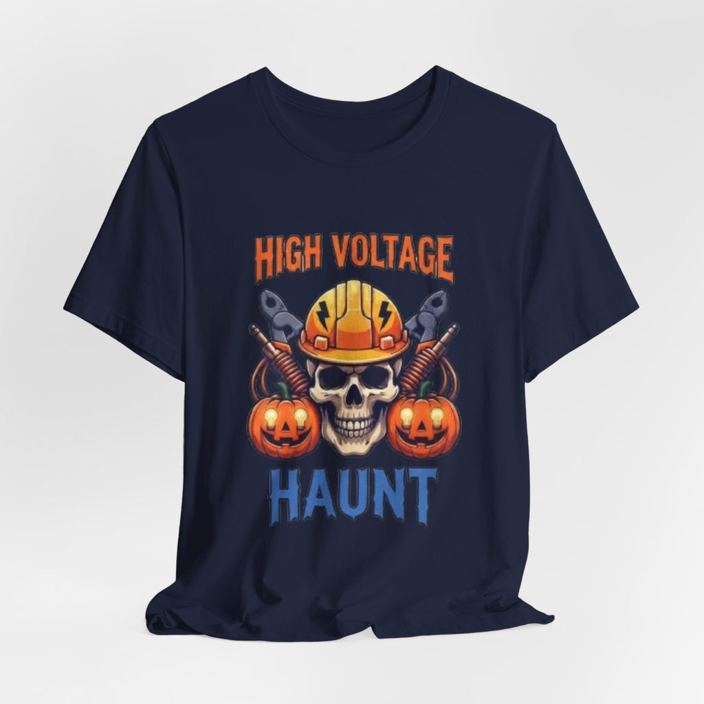 High Voltage Haunt T-Shirt — Halloween Skull, Pumpkins & Hard Hat Tee