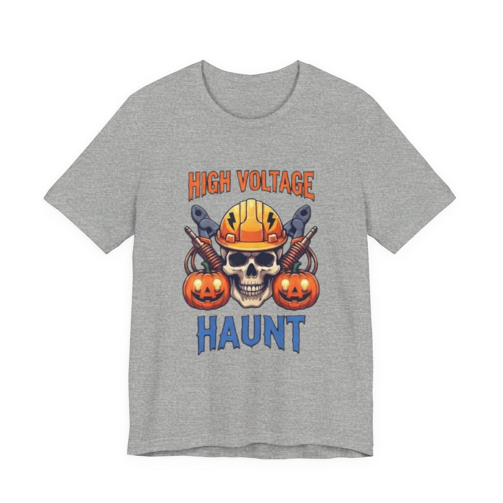 High Voltage Haunt T-Shirt — Halloween Skull, Pumpkins & Hard Hat Tee