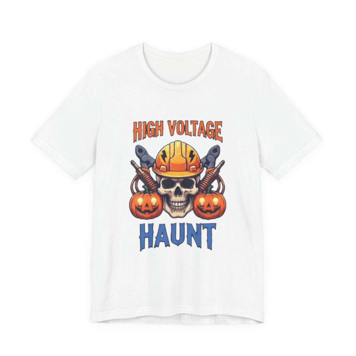 High Voltage Haunt T-Shirt — Halloween Skull, Pumpkins & Hard Hat Tee
