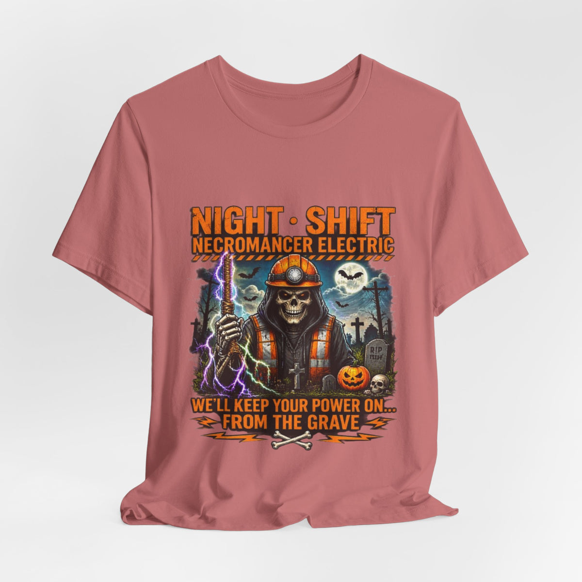 Night Shift Necromancer Electric T-Shirt — "We’ll Keep Your Power On From the Grave" Halloween Tee