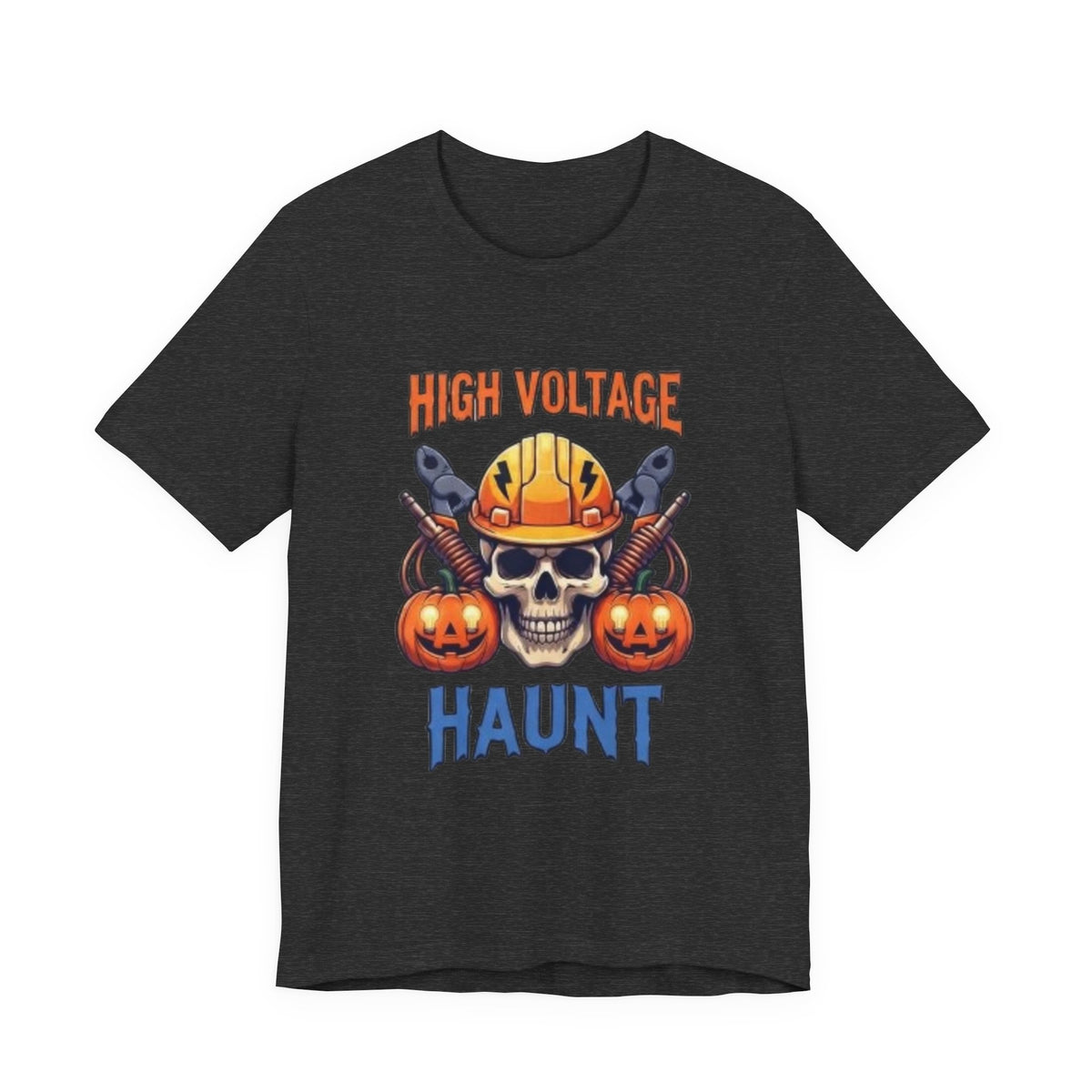 High Voltage Haunt T-Shirt — Halloween Skull, Pumpkins & Hard Hat Tee