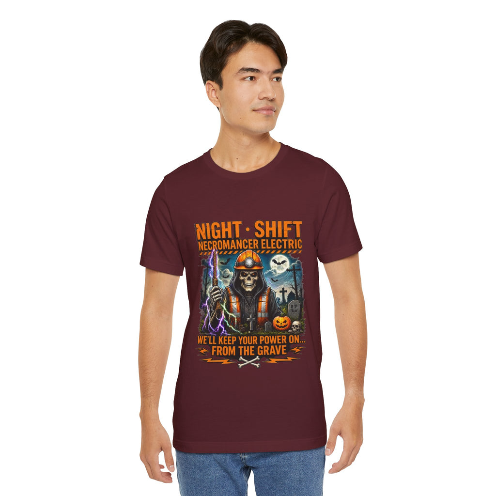 Night Shift Necromancer Electric T-Shirt — "We’ll Keep Your Power On From the Grave" Halloween Tee