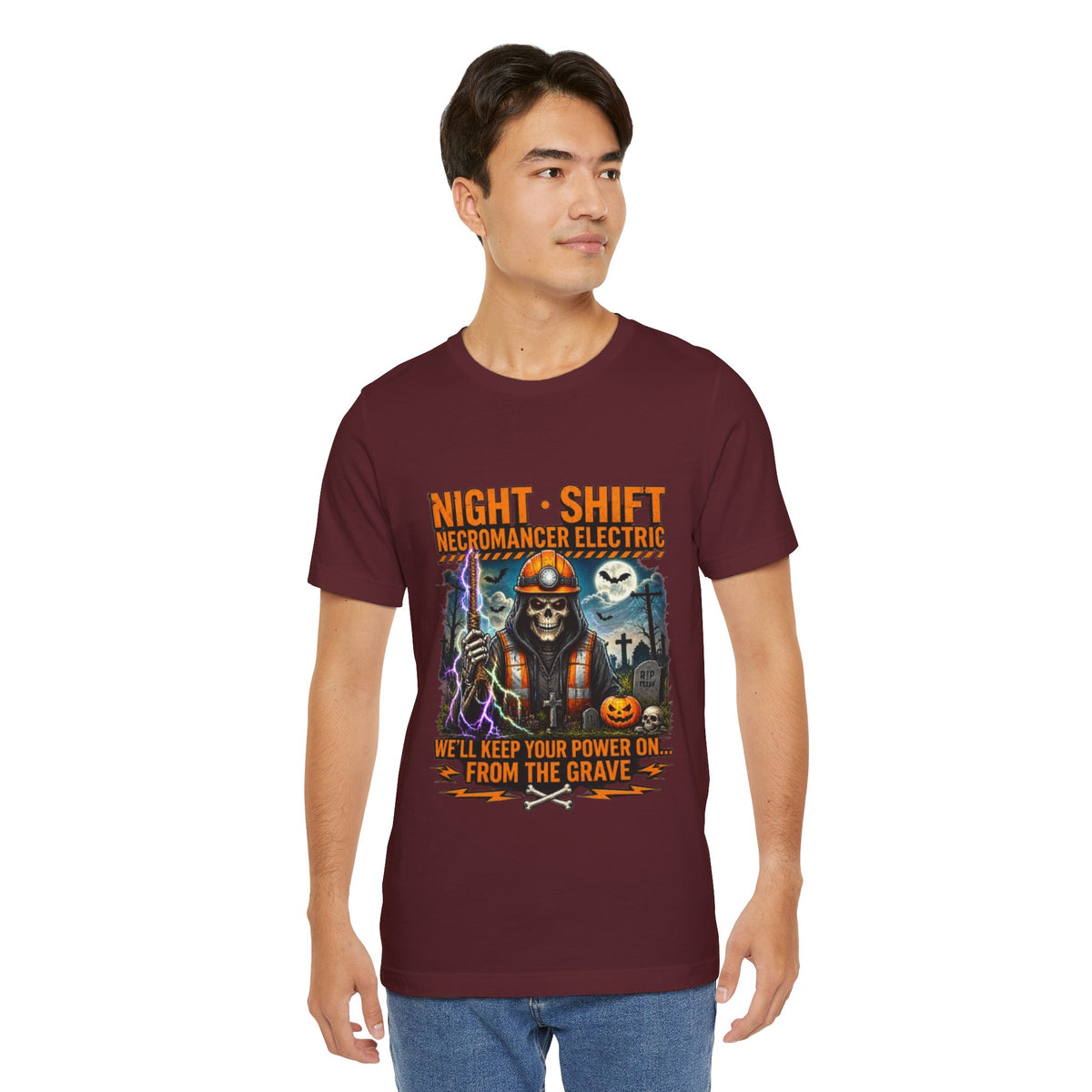 Night Shift Necromancer Electric T-Shirt — "We’ll Keep Your Power On From the Grave" Halloween Tee