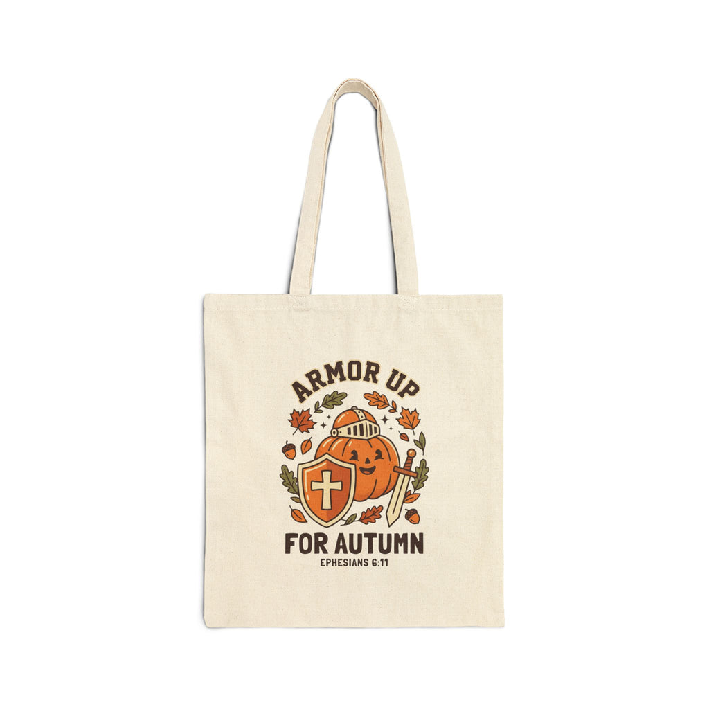 Armor Up For Autumn Tote | Christian Halloween pumpkin shield, Ephesians 6:11 canvas