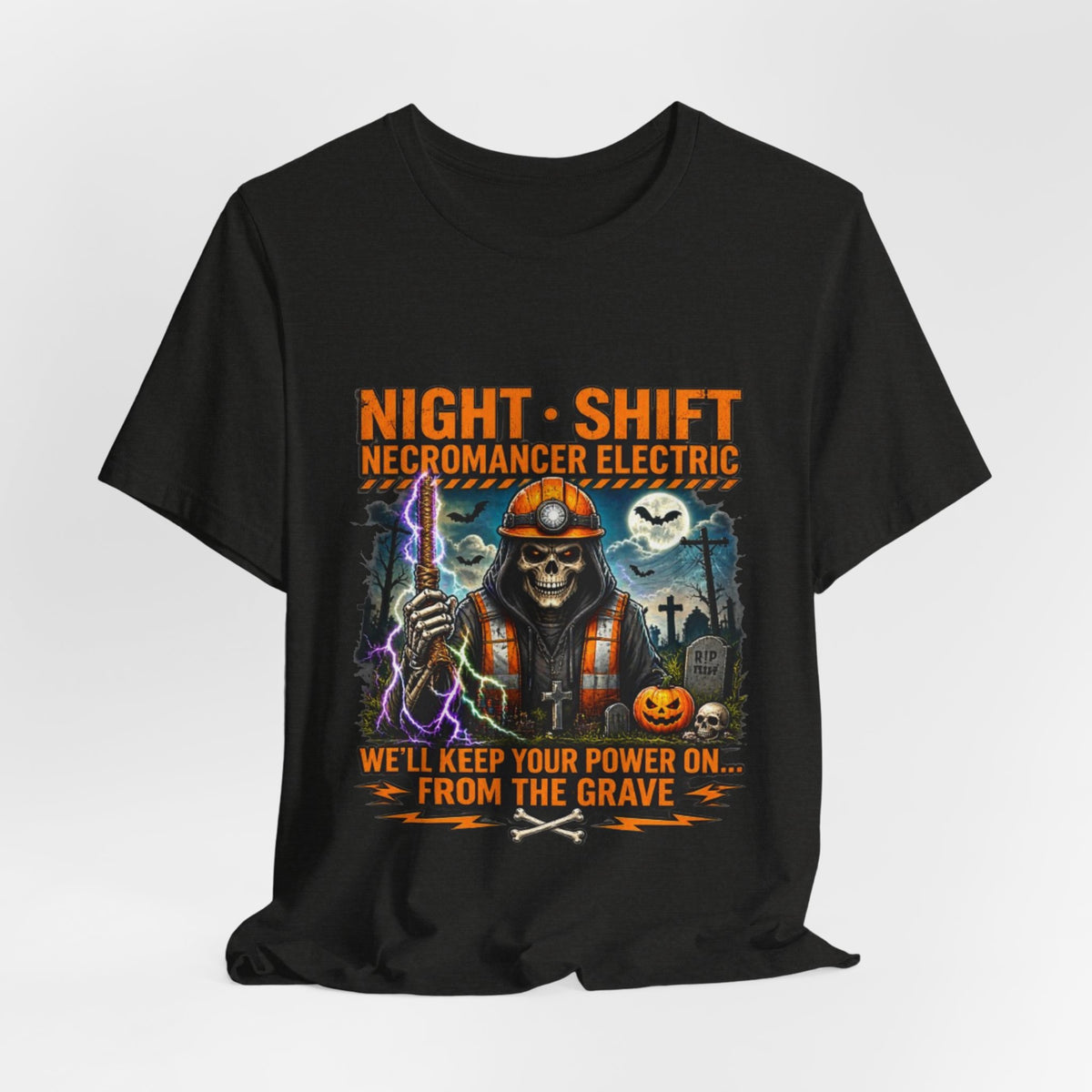 Night Shift Necromancer Electric T-Shirt — "We’ll Keep Your Power On From the Grave" Halloween Tee