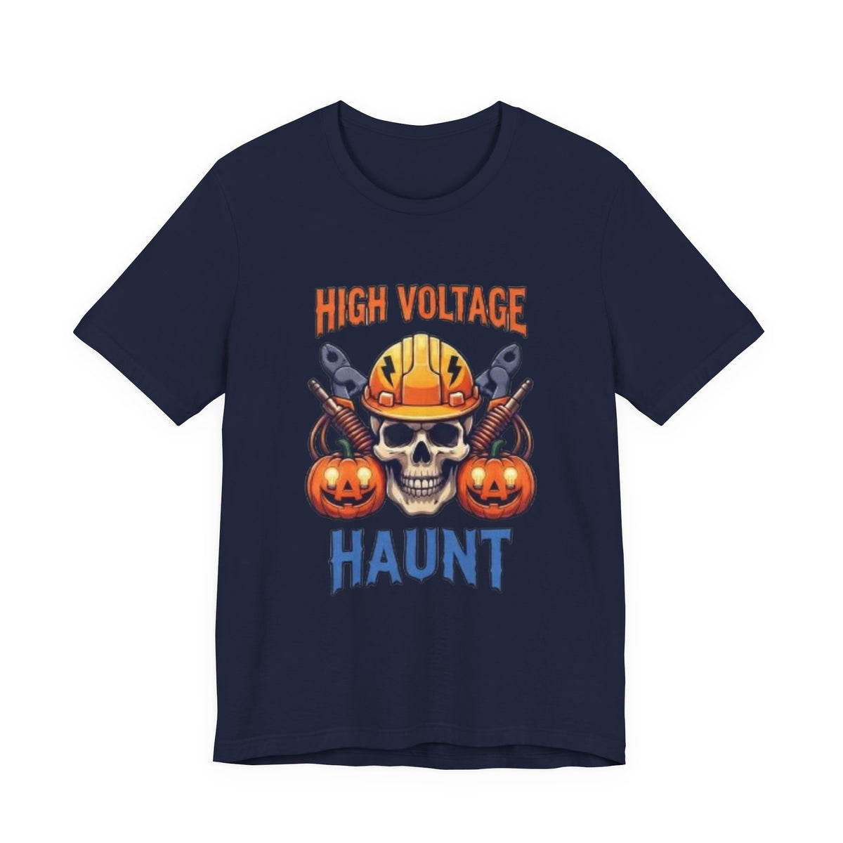 High Voltage Haunt T-Shirt — Halloween Skull, Pumpkins & Hard Hat Tee