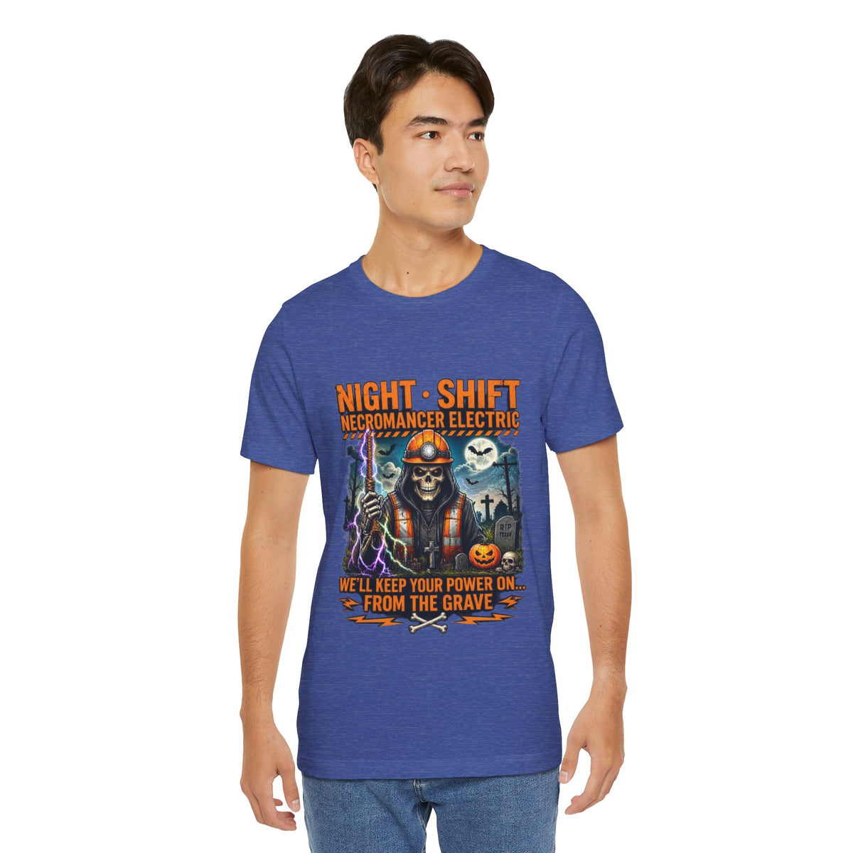 Night Shift Necromancer Electric T-Shirt — "We’ll Keep Your Power On From the Grave" Halloween Tee