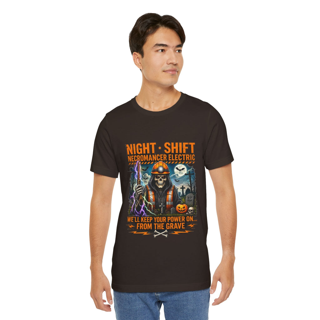 Night Shift Necromancer Electric T-Shirt — "We’ll Keep Your Power On From the Grave" Halloween Tee