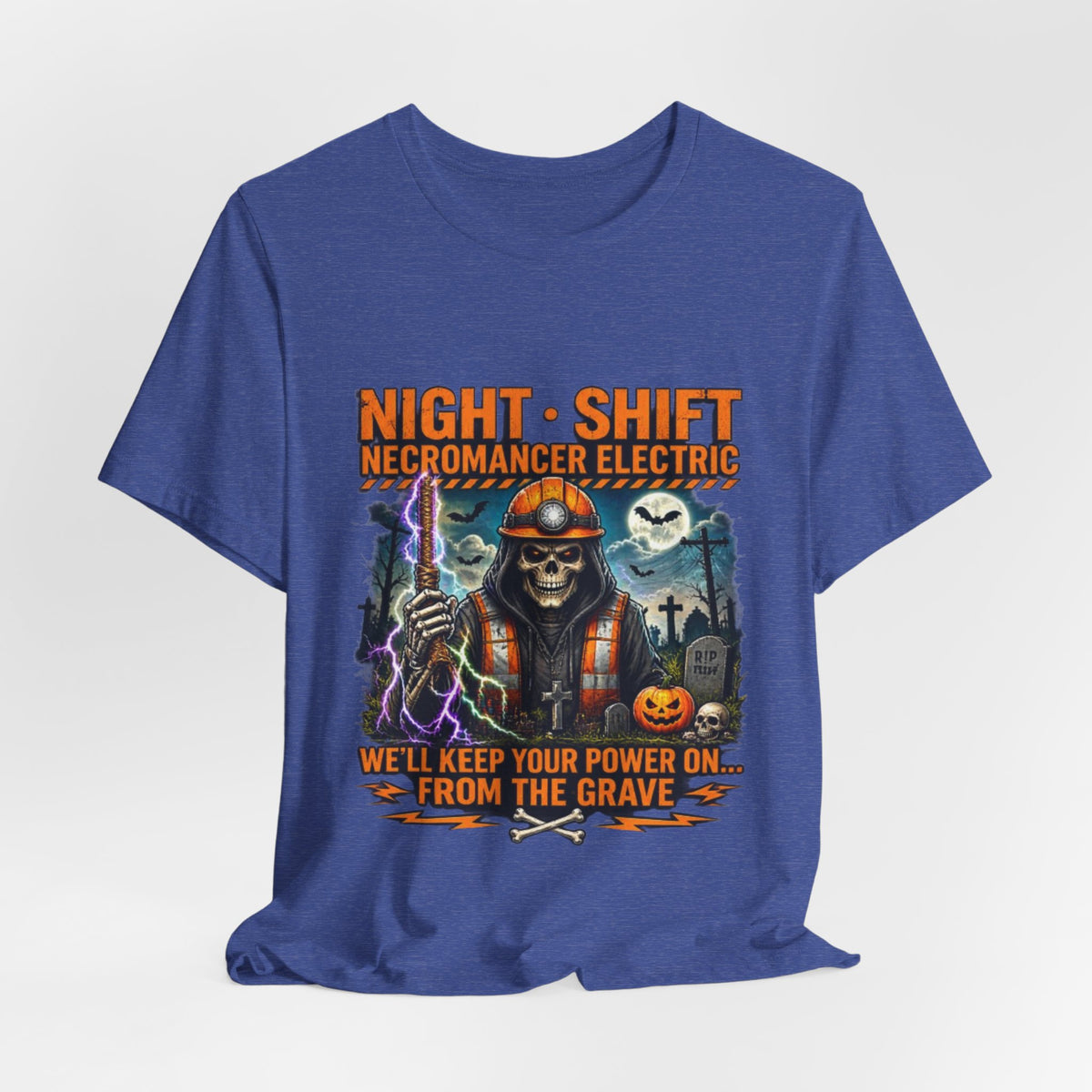 Night Shift Necromancer Electric T-Shirt — "We’ll Keep Your Power On From the Grave" Halloween Tee