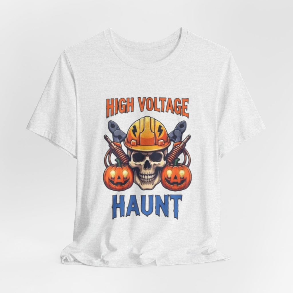 High Voltage Haunt T-Shirt — Halloween Skull, Pumpkins & Hard Hat Tee