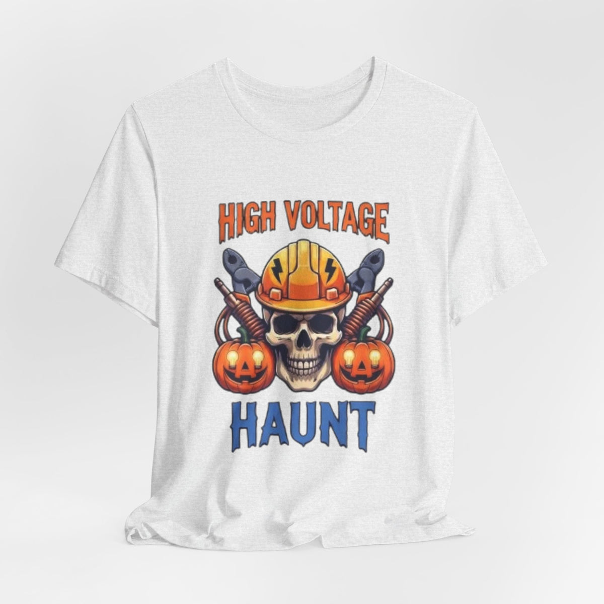 High Voltage Haunt T-Shirt — Halloween Skull, Pumpkins & Hard Hat Tee