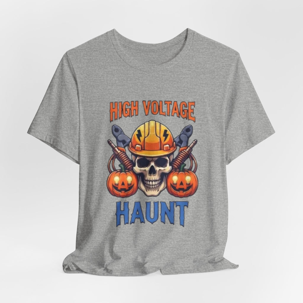 High Voltage Haunt T-Shirt — Halloween Skull, Pumpkins & Hard Hat Tee
