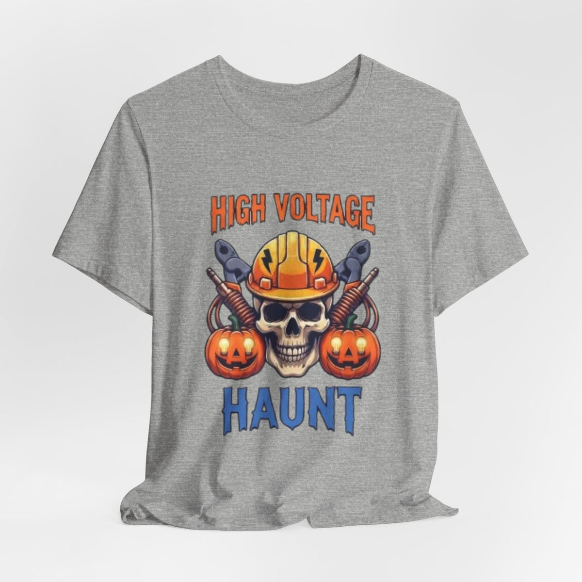 High Voltage Haunt T-Shirt — Halloween Skull, Pumpkins & Hard Hat Tee