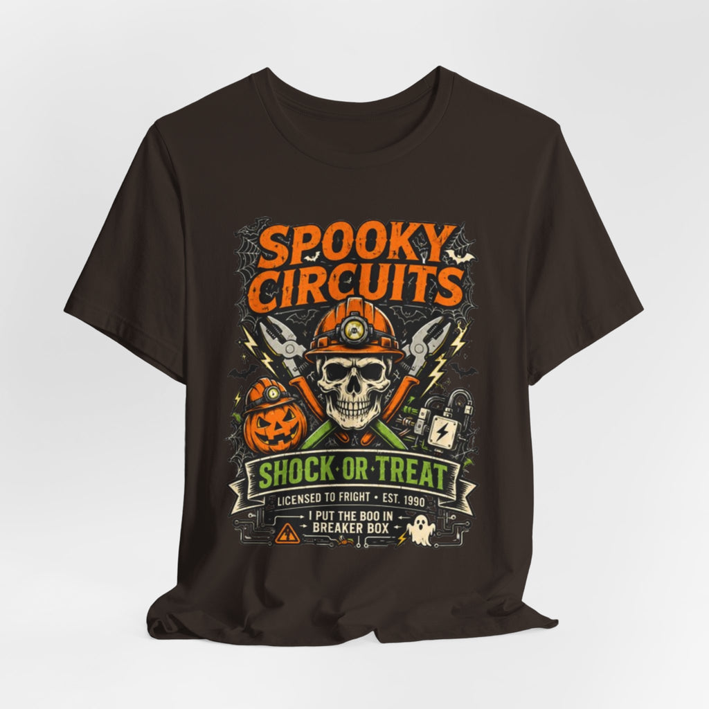 Spooky Circuits Halloween T-Shirt — "Shock or Treat" Skull & Pumpkin Tee