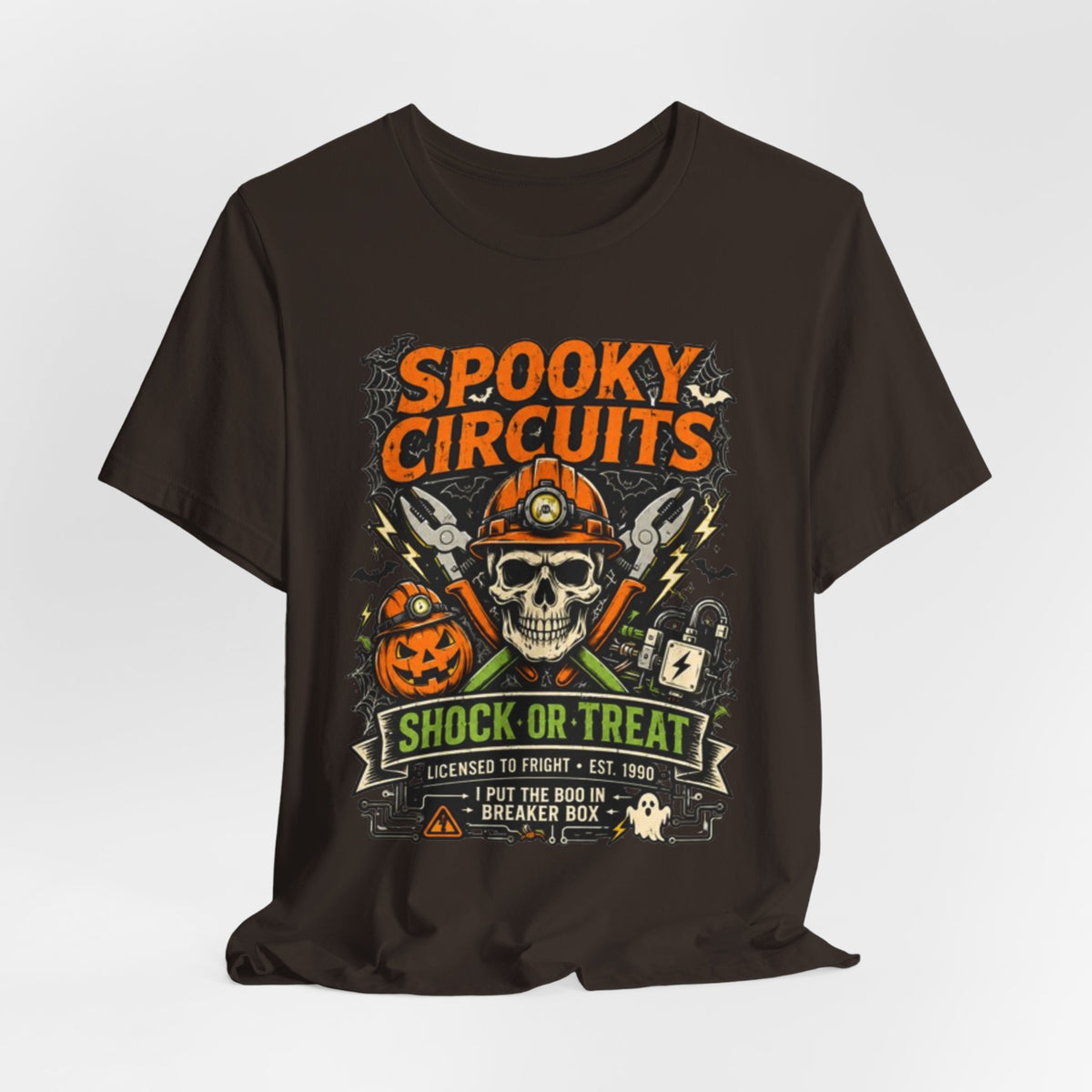 Spooky Circuits Halloween T-Shirt — "Shock or Treat" Skull & Pumpkin Tee