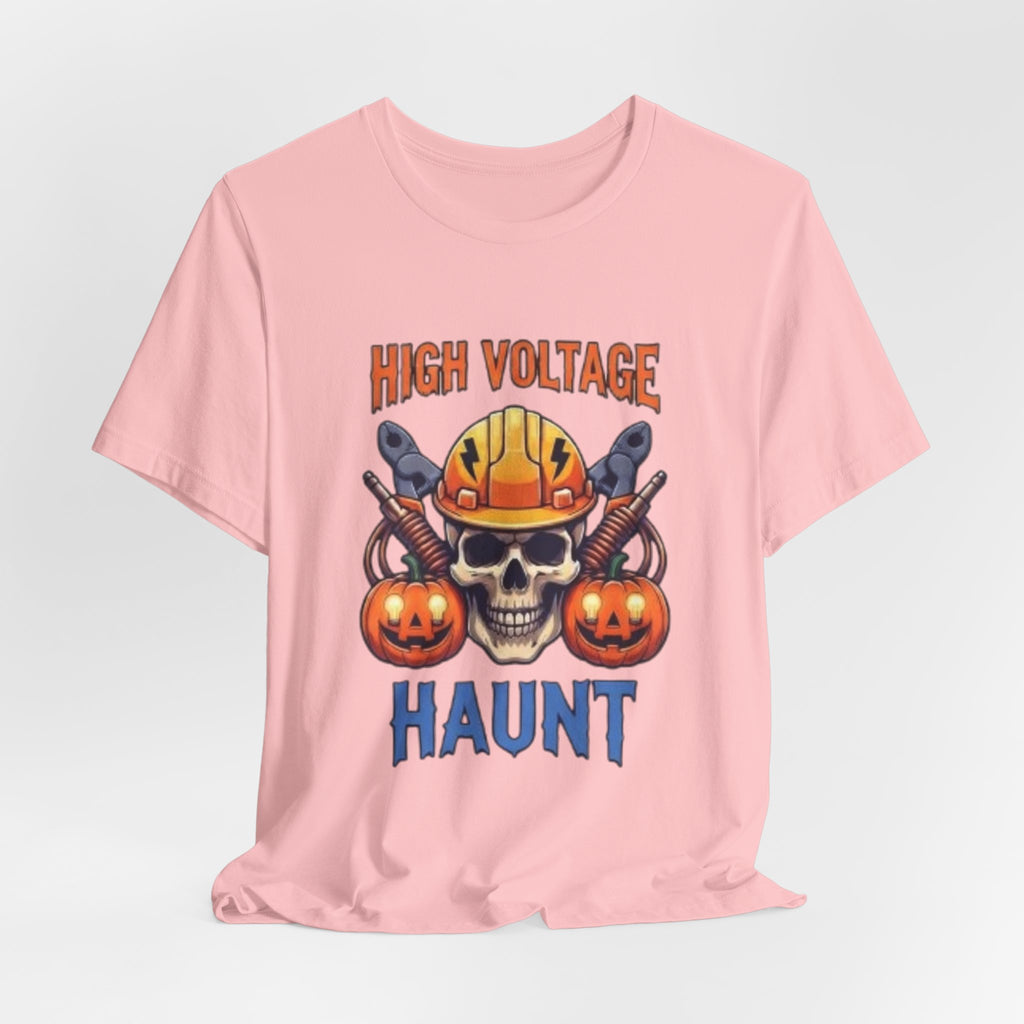 High Voltage Haunt T-Shirt — Halloween Skull, Pumpkins & Hard Hat Tee