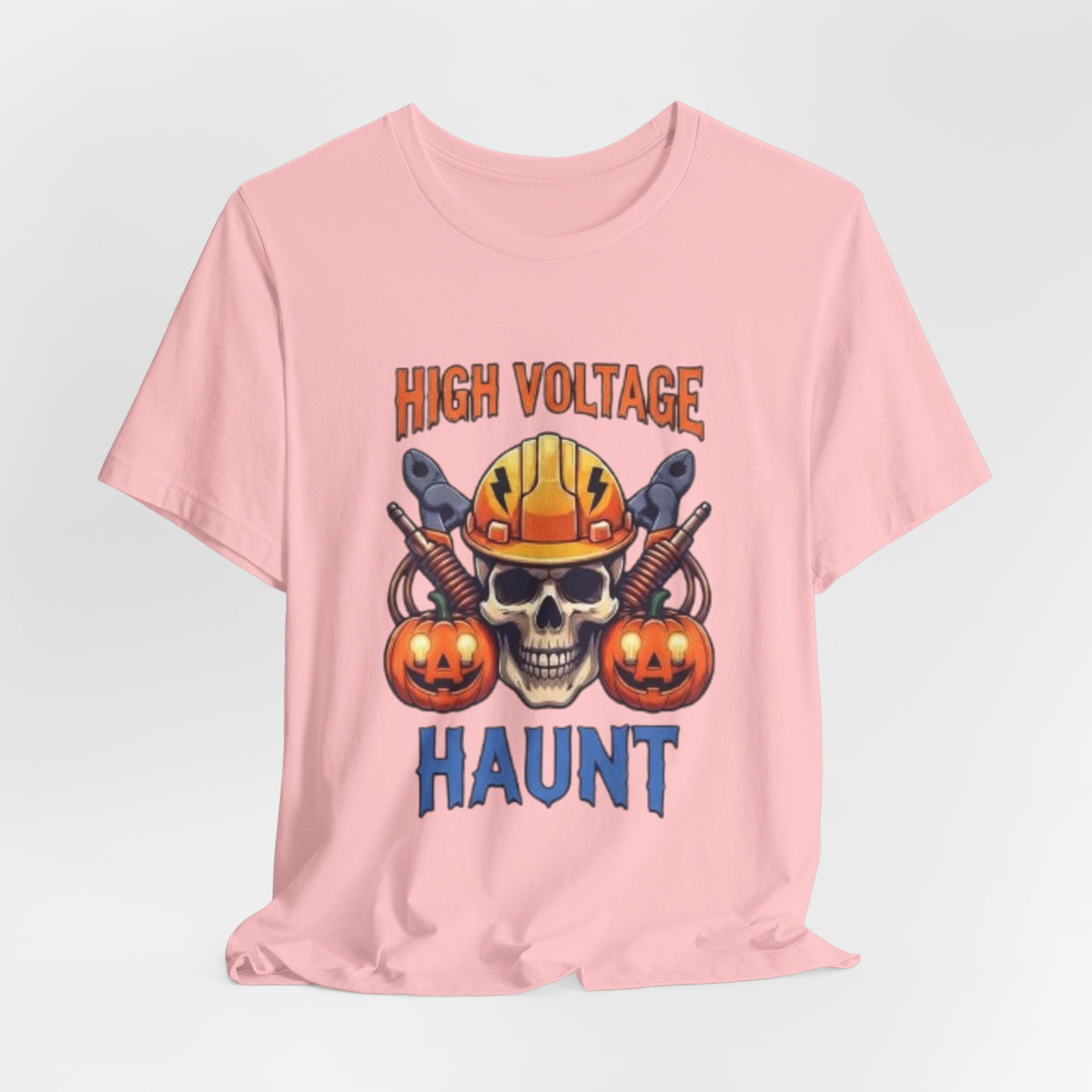 High Voltage Haunt T-Shirt — Halloween Skull, Pumpkins & Hard Hat Tee