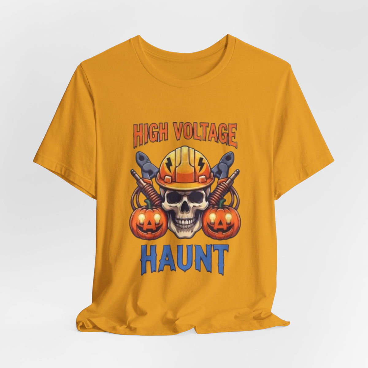 High Voltage Haunt T-Shirt — Halloween Skull, Pumpkins & Hard Hat Tee
