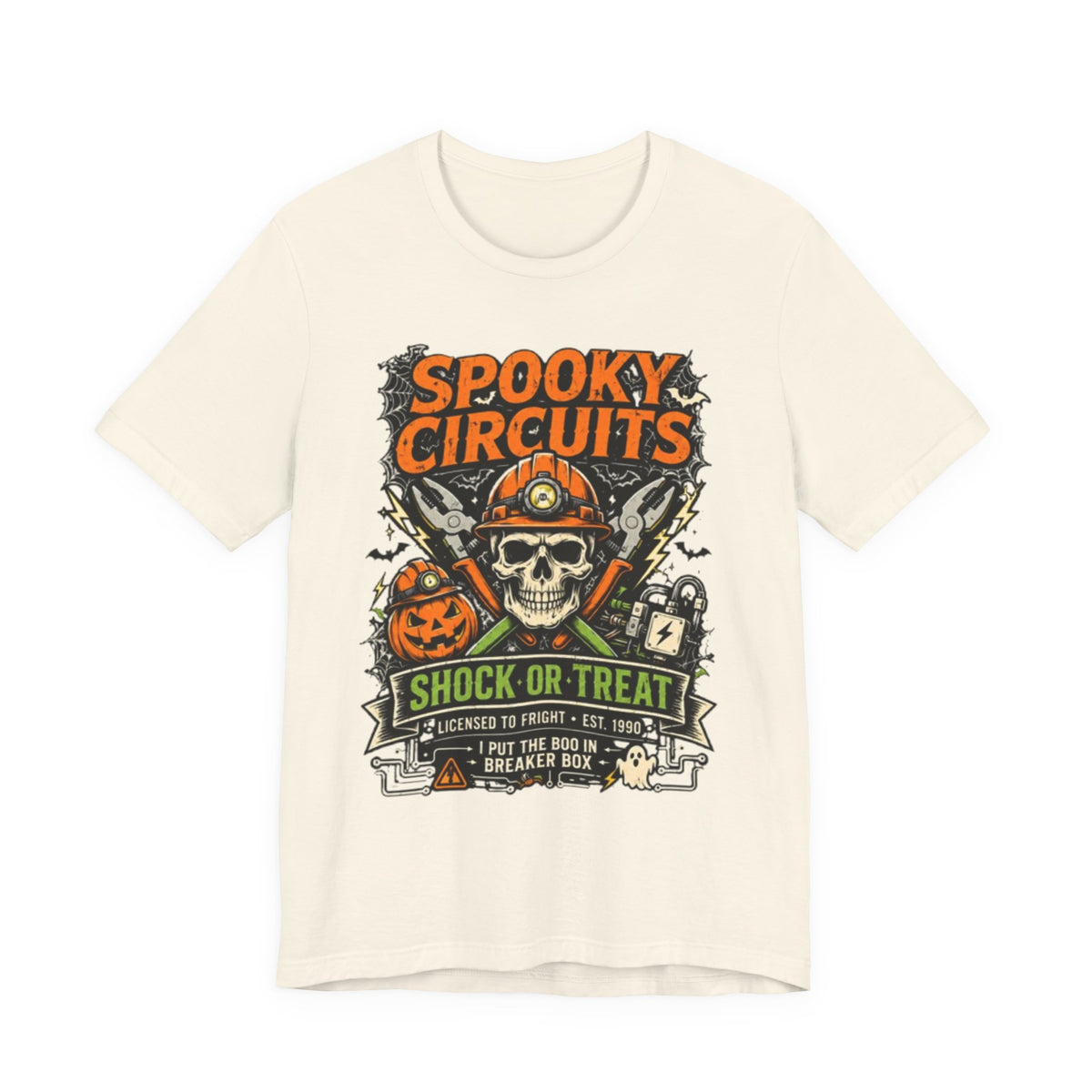 Spooky Circuits Halloween T-Shirt — "Shock or Treat" Skull & Pumpkin Tee