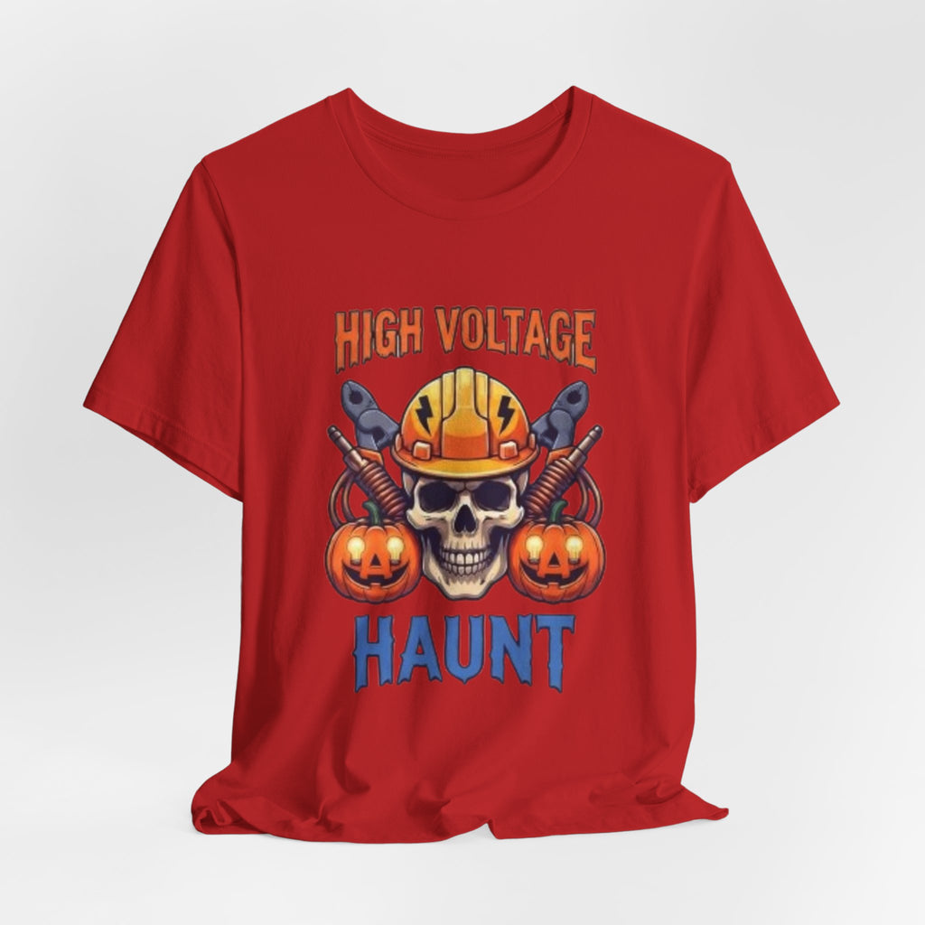 High Voltage Haunt T-Shirt — Halloween Skull, Pumpkins & Hard Hat Tee