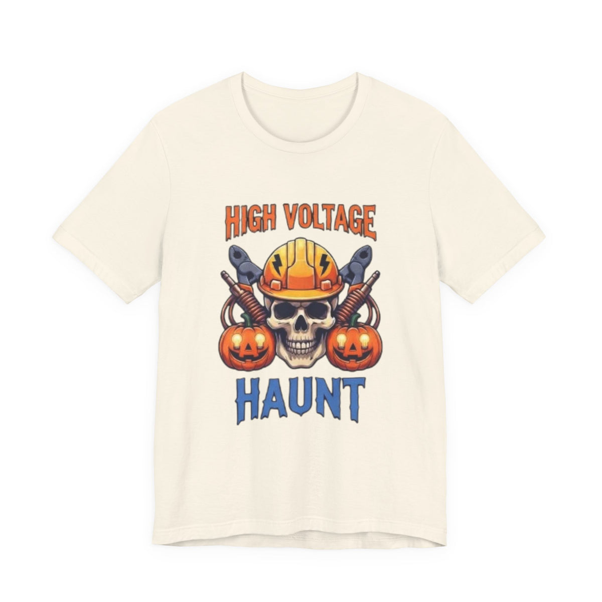 High Voltage Haunt T-Shirt — Halloween Skull, Pumpkins & Hard Hat Tee