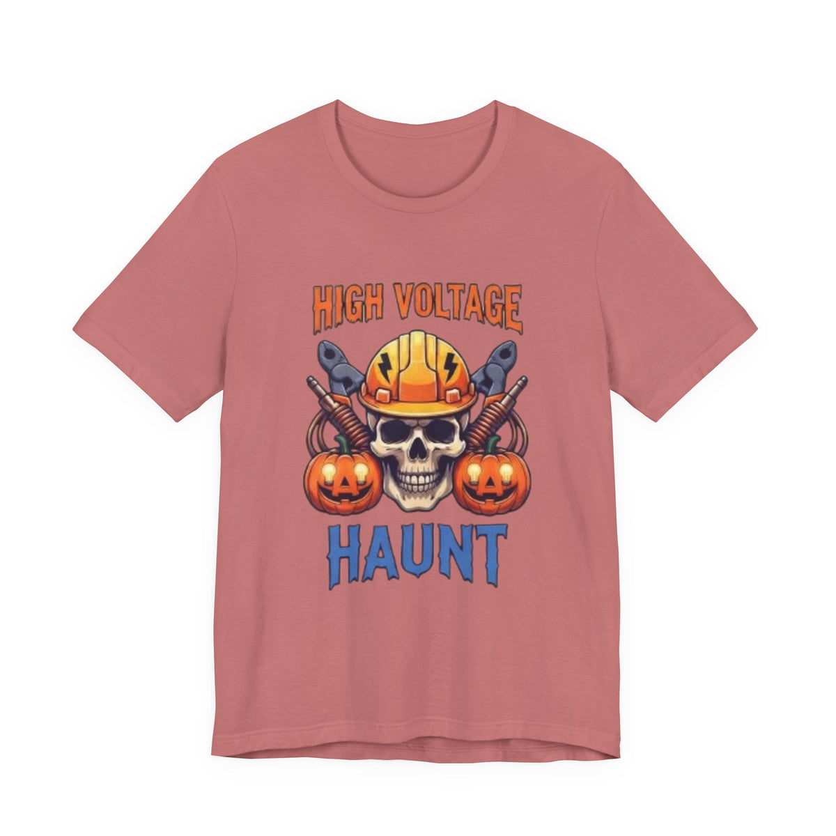 High Voltage Haunt T-Shirt — Halloween Skull, Pumpkins & Hard Hat Tee