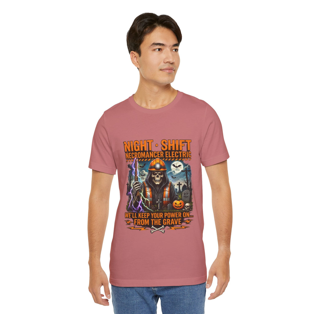 Night Shift Necromancer Electric T-Shirt — "We’ll Keep Your Power On From the Grave" Halloween Tee