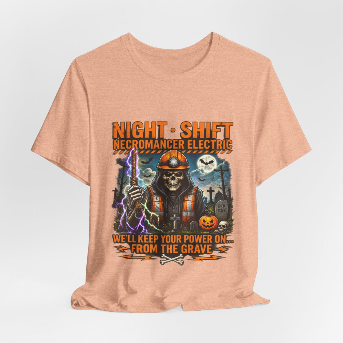 Night Shift Necromancer Electric T-Shirt — "We’ll Keep Your Power On From the Grave" Halloween Tee