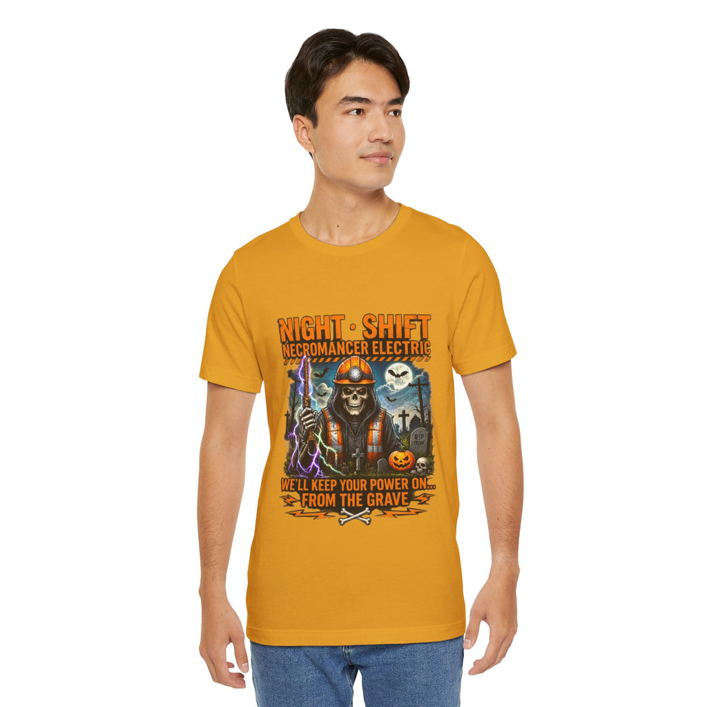 Night Shift Necromancer Electric T-Shirt — "We’ll Keep Your Power On From the Grave" Halloween Tee