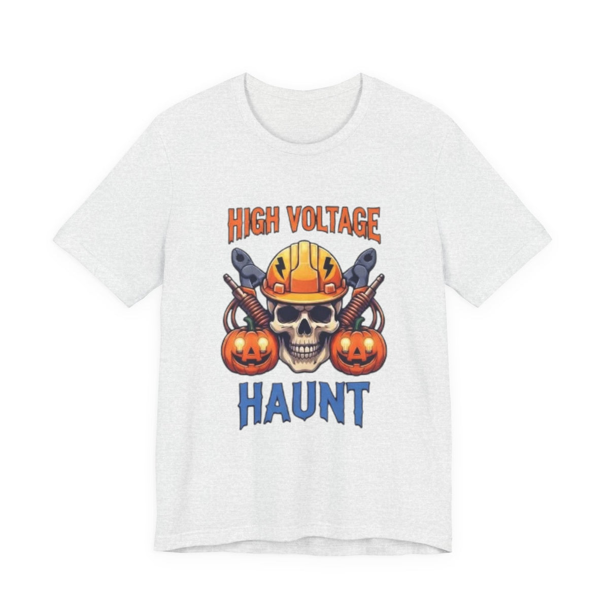High Voltage Haunt T-Shirt — Halloween Skull, Pumpkins & Hard Hat Tee