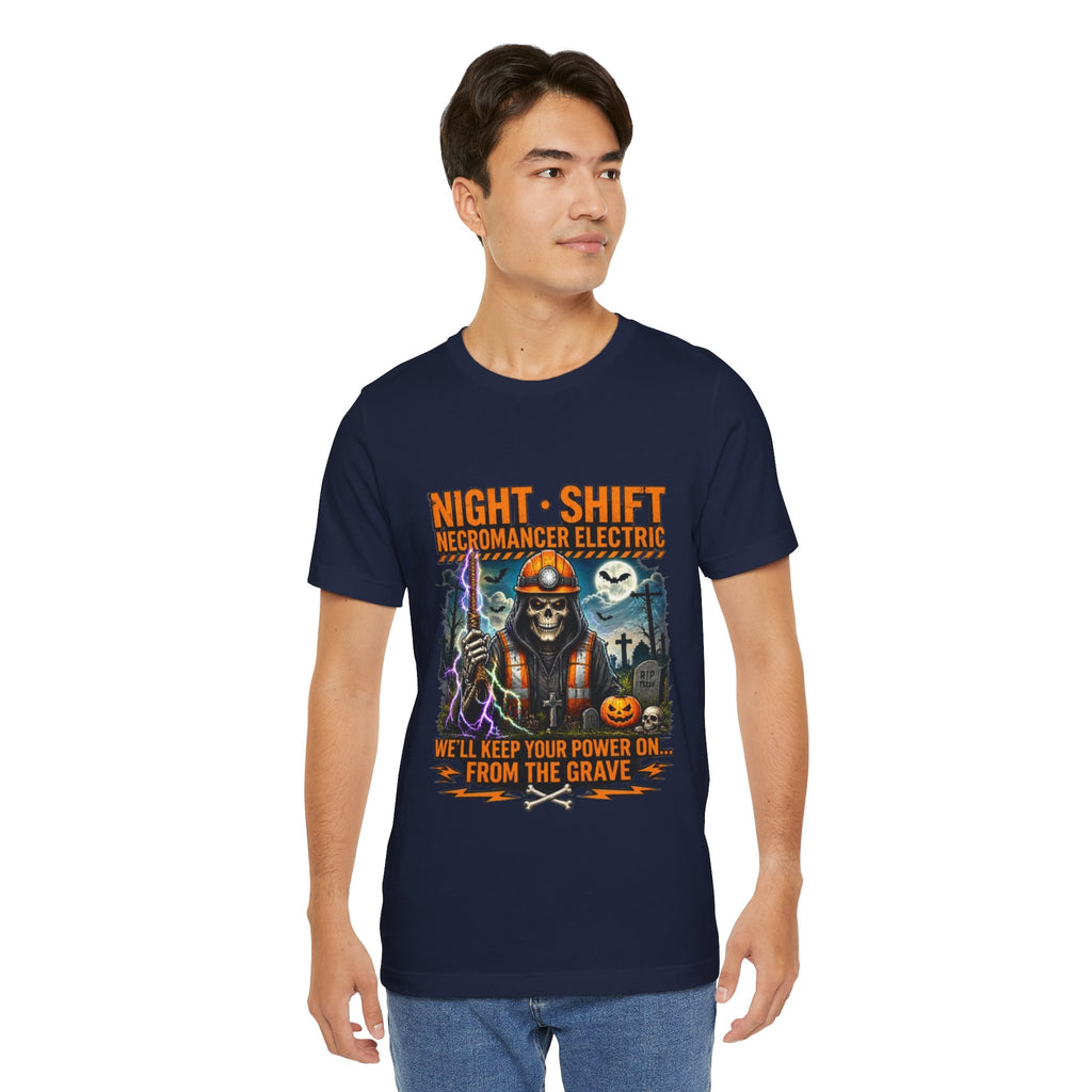 Night Shift Necromancer Electric T-Shirt — "We’ll Keep Your Power On From the Grave" Halloween Tee